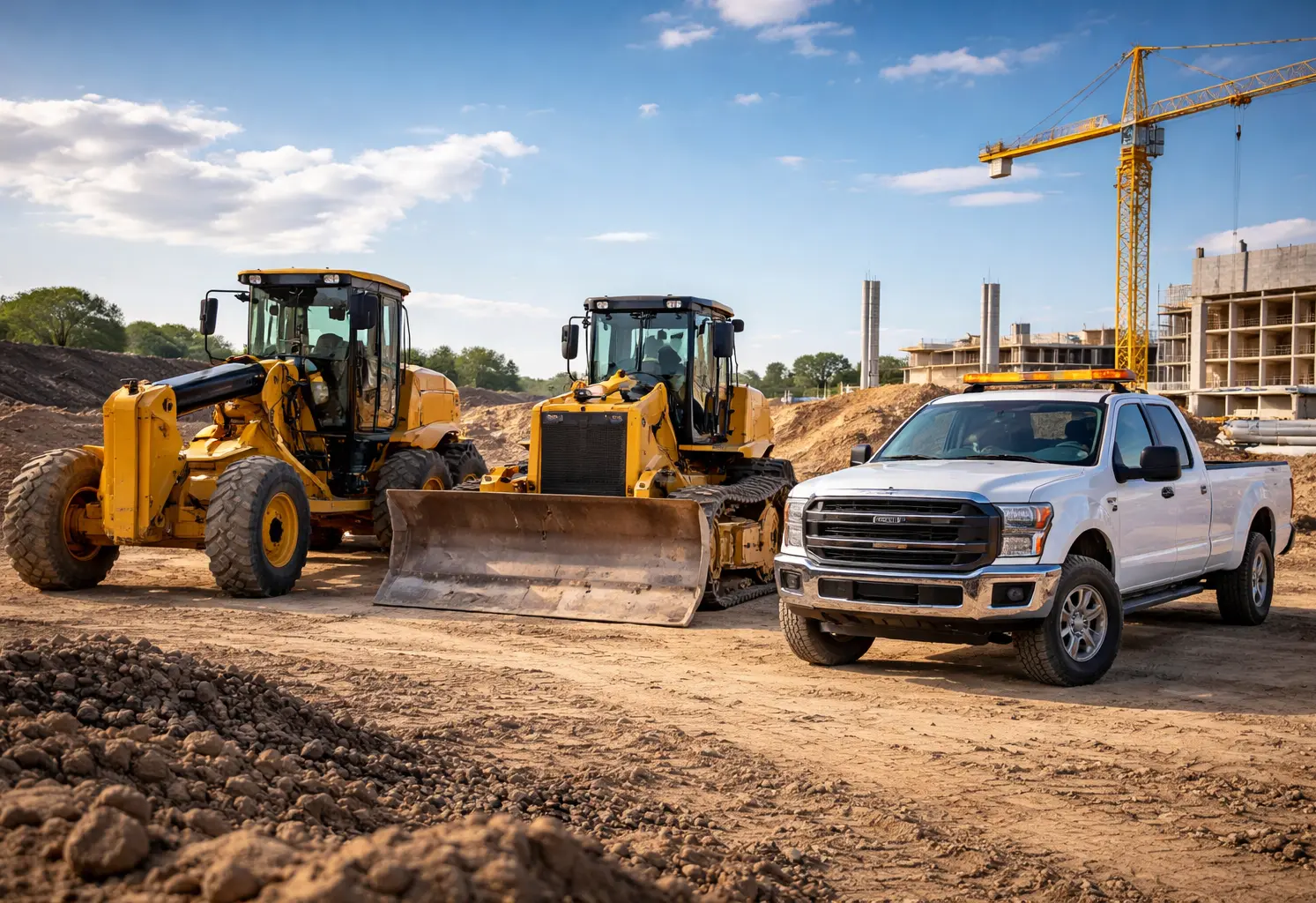 Two construction vehicles and pickup truck at a construction site. 