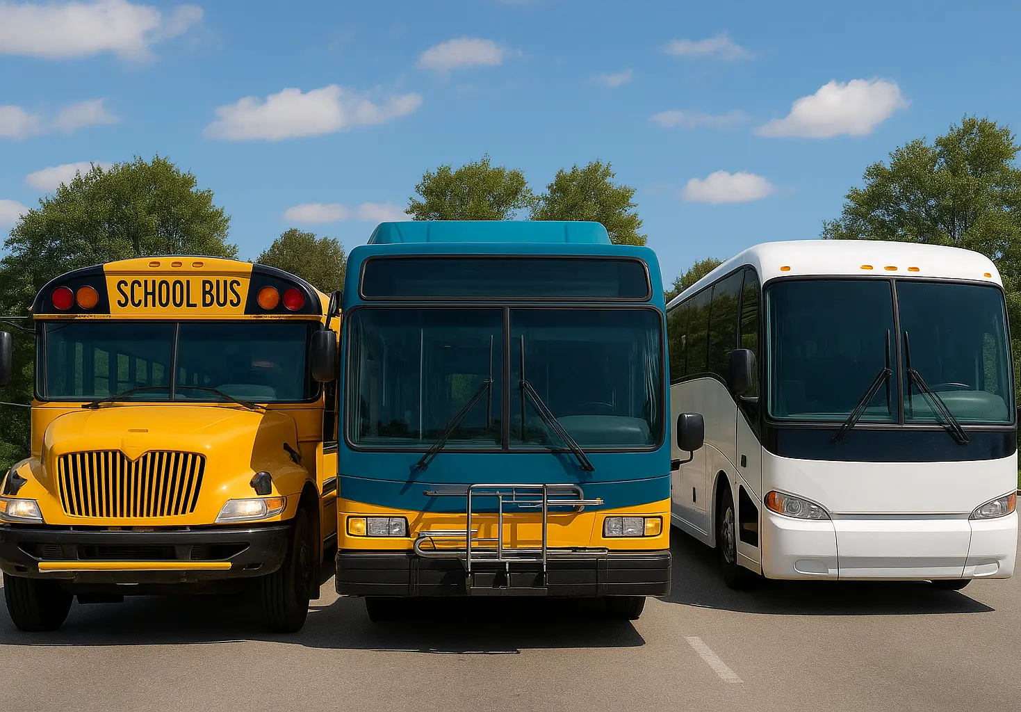 School bus, city bus and charter bus lined up in a parking lot 