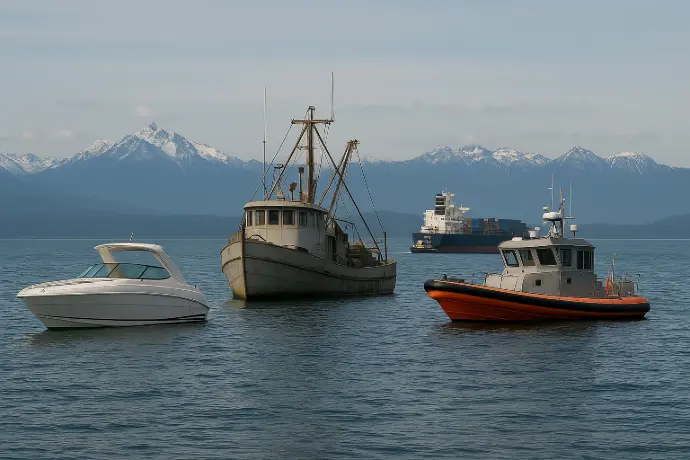 Four different types of boats and ships in the Puget sound 