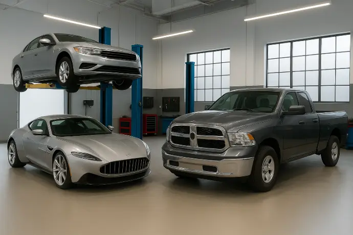 Three cars in a mechanic shop with one on a lift