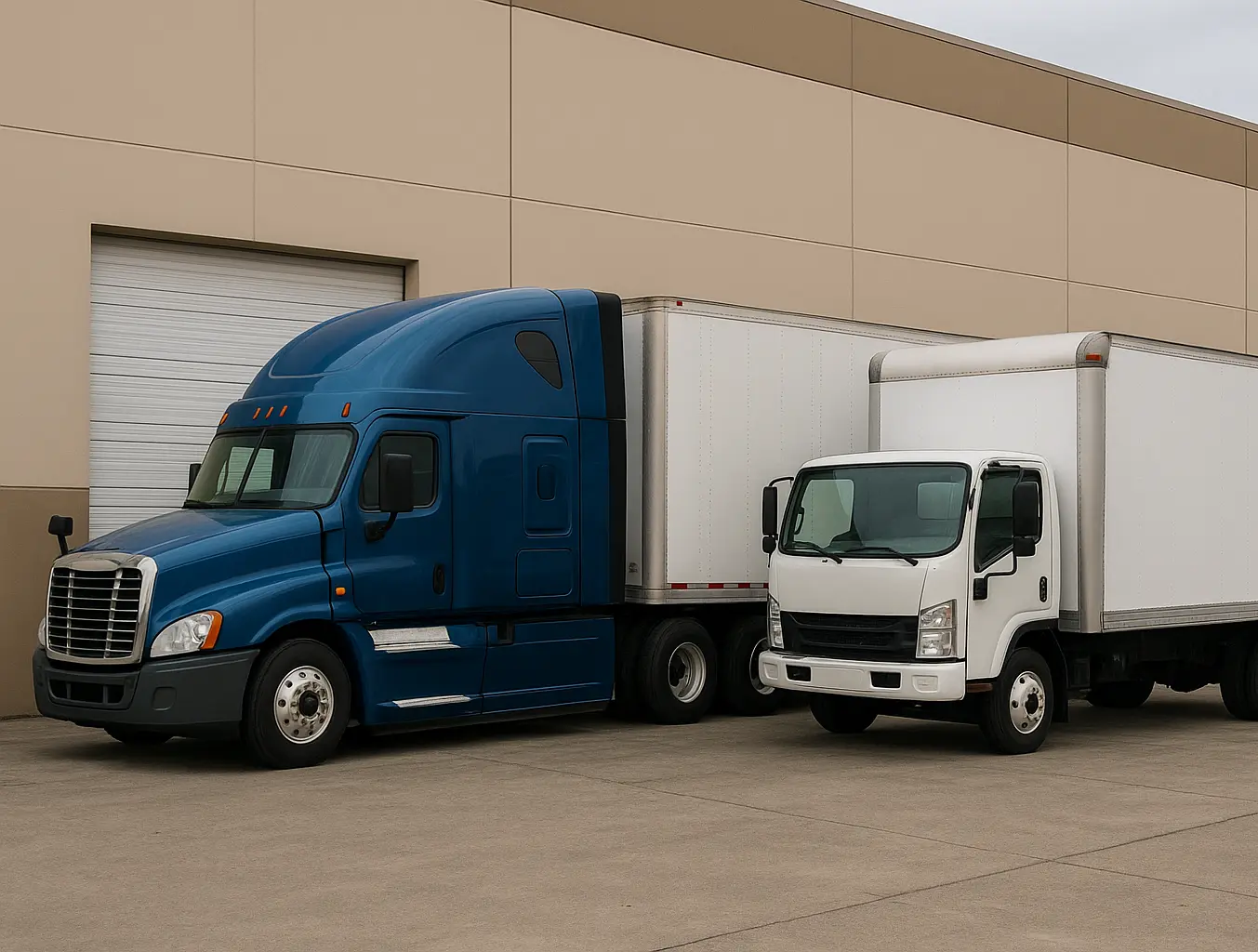 Two trucks next to each other and a warehouse.