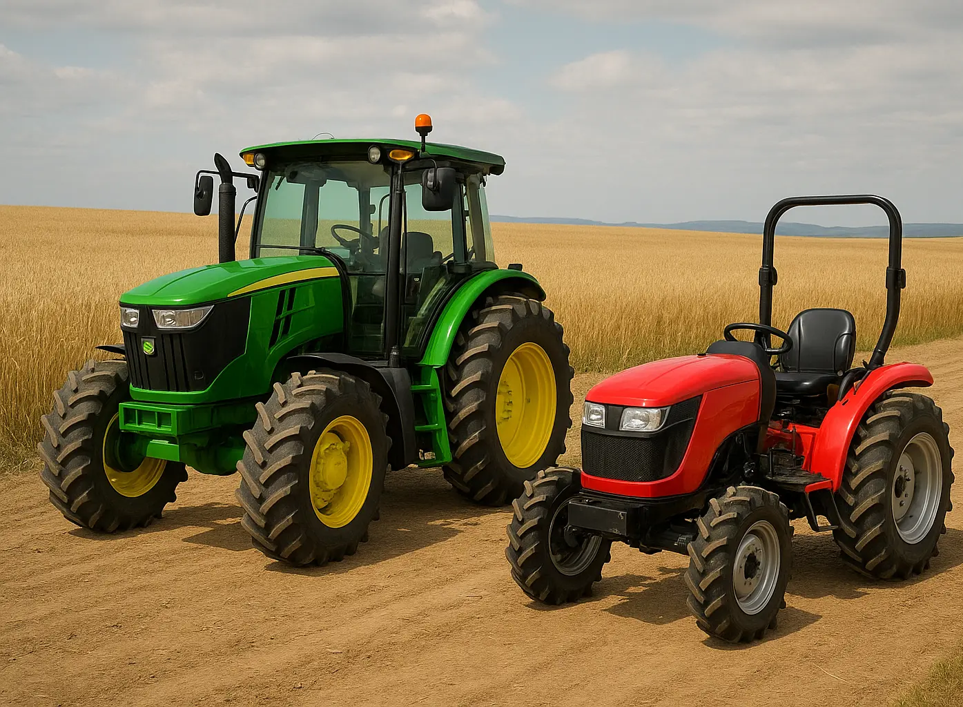 Two tractors lined up next to each other in a hay field 