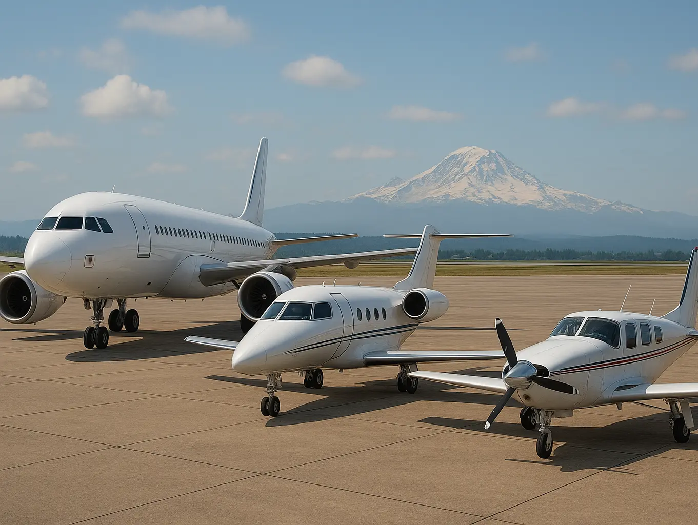 Three planes on a tarmac with mount rainier in the background. 